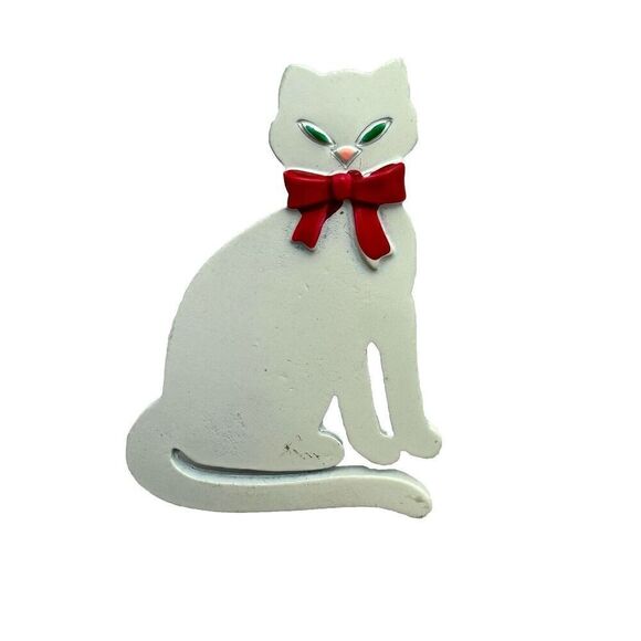 Vintage Cat Brooch Signed JJ White Red Bow Green Eyes Pin - Picture 1 of 6